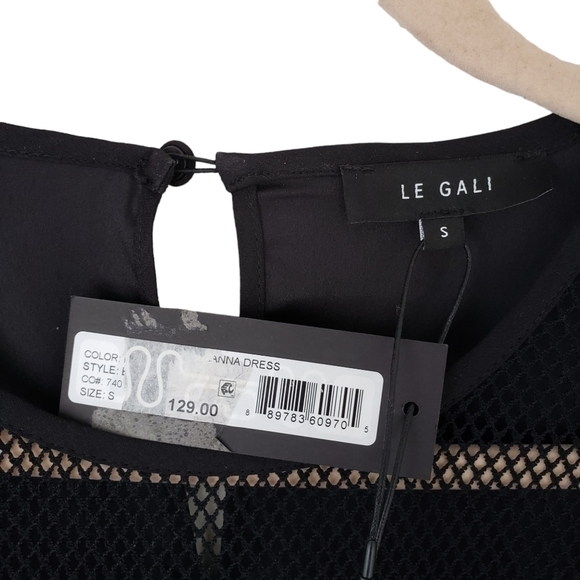 Le Gali Black Boho Babydoll Dress Mesh Top Drawstring Waist 3/4 Sleeve - Picture 7 of 7